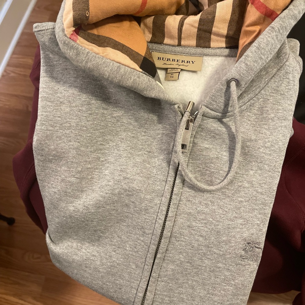 Burberry Gray Hoodie with Plaid Lining also Dior glasses Gucci shoes size 9